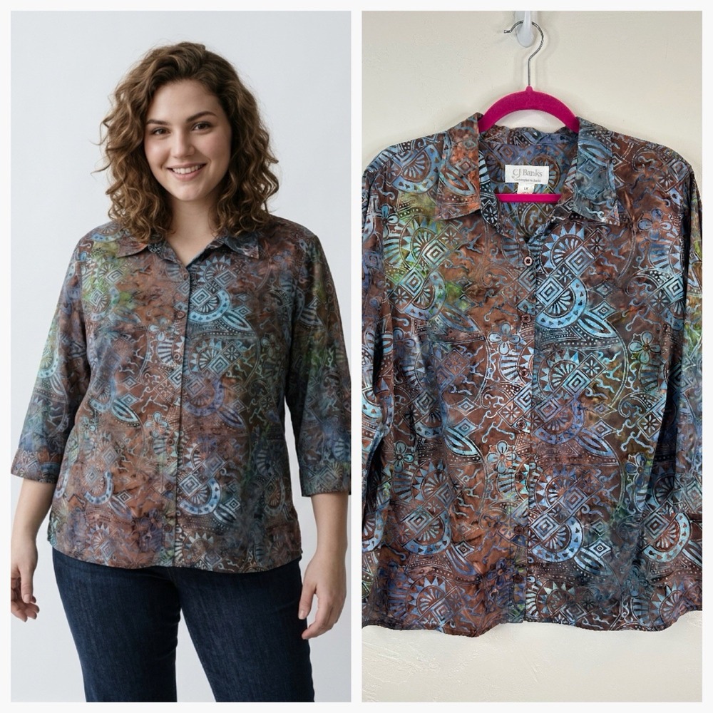 Batik Tie Dye Button Up Top Size 1X Boho Hippie 3/4 Sleeve Cotton Aztec Earthy
